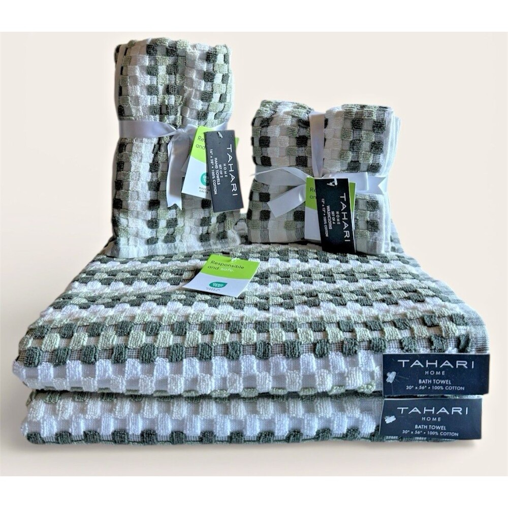 Tarhari 8 Piece Towel Set Tiles Squares Green White 2 Bath 2 Hand 4 Washcloths